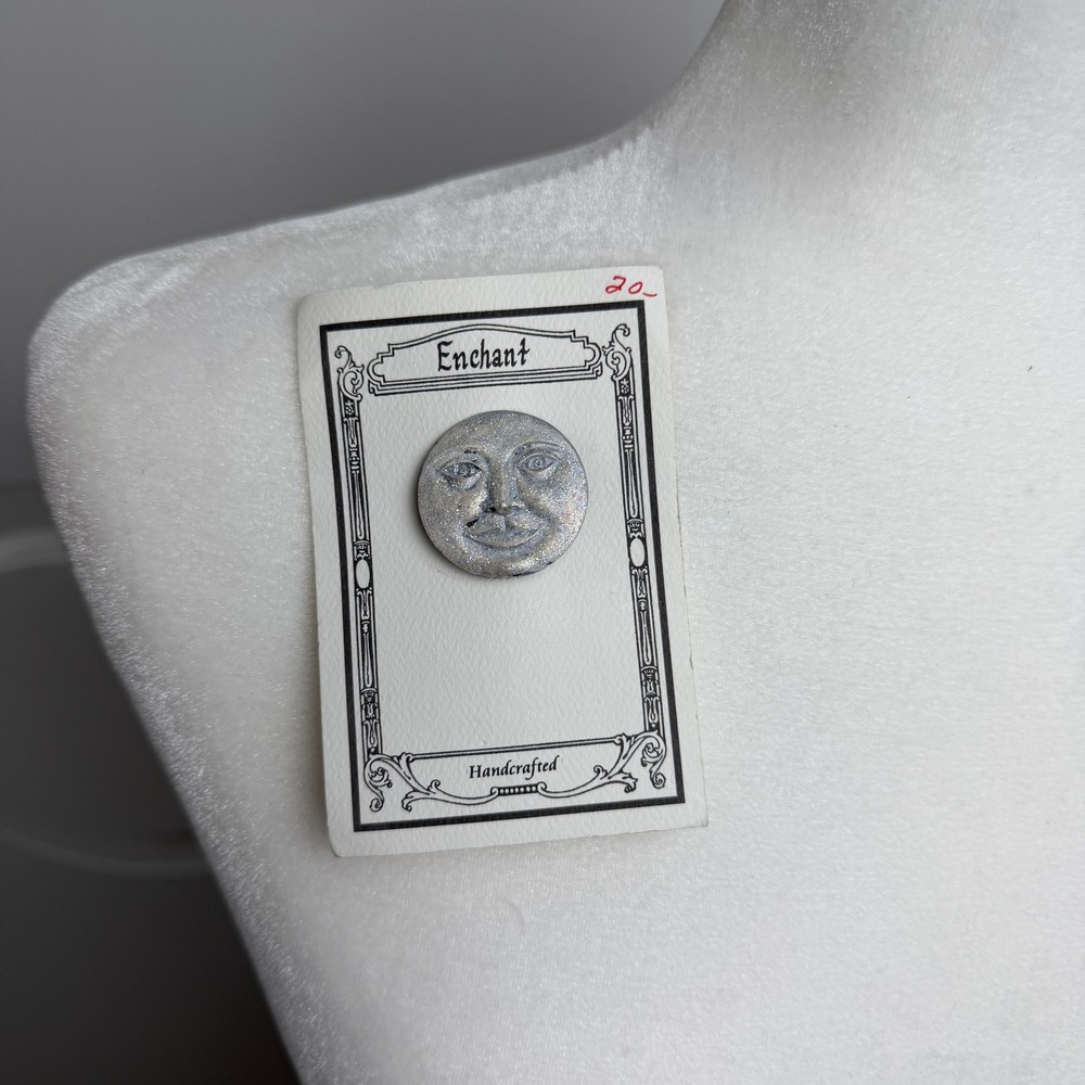 Enchant Handcrafted Glitter Moon Face Pin Brooch Silver